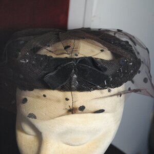Vintage Mid-century Black Rattan Hat with Polka Dot Netting